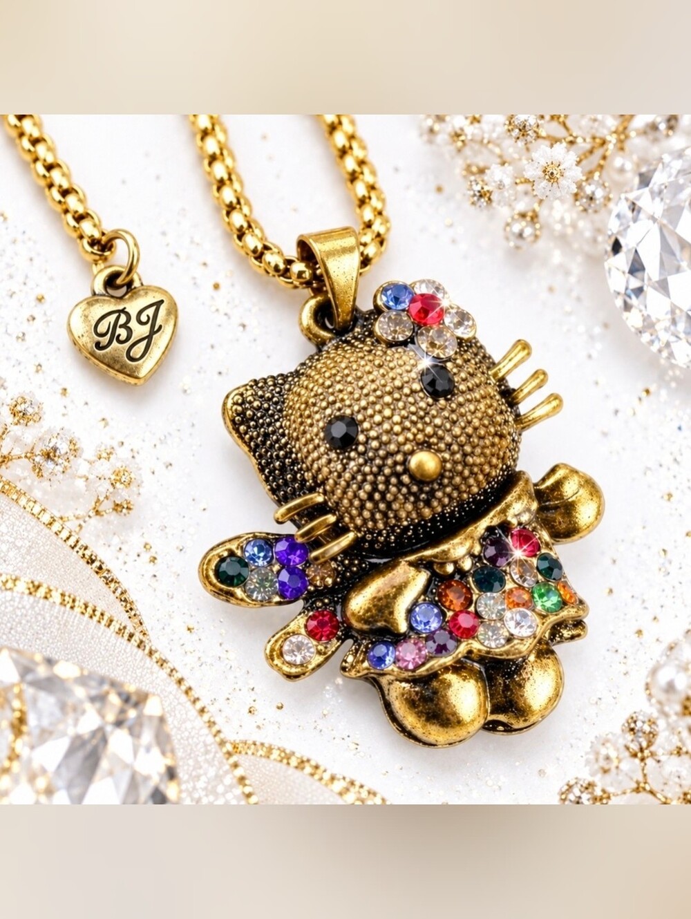 New retro style multicolor crystal flower fairy Hello Kitty necklace